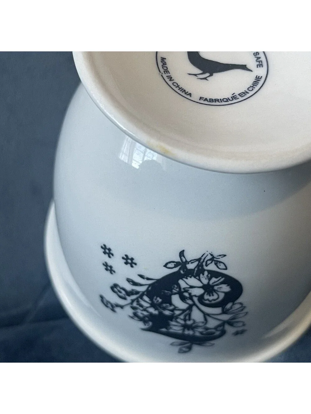 Anthropologie Pedestal Coffee Mug Tea Cup Initial J Black White Floral Fancy